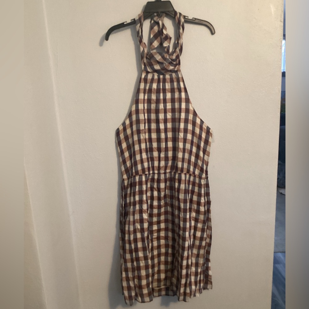 Flounce Woman’s Checkered Brown, Gray, White Midi Dress. Size Large.